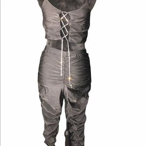 Rhinestone Lace-up Crop Top & Ruched Leggings Set.